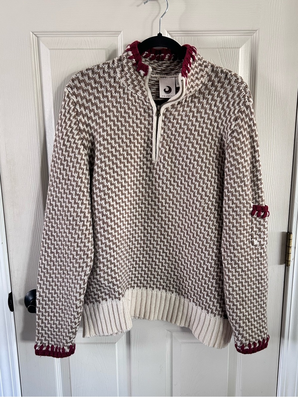 Tsunami Quarter-Zip Knit Sweater Cream Brown with Red Trim Lambswool Sz XL